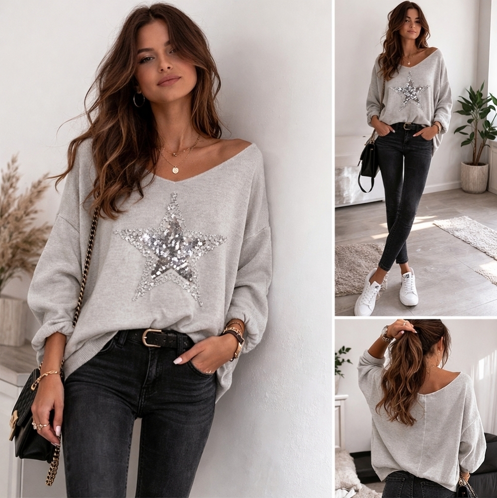 TEMPO PARIS Star Magic Lightweight Sweater Top In Beige/silver Sequin.S/M NWT